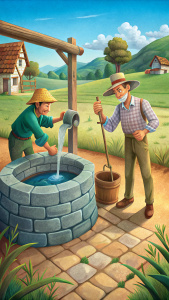 An illustration of the farmer drawing water from the well, with a frustrated expression on his face as the neighbor blocks his access to the water.