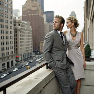 Scott Caan and Wendy Glenn in a chic photo shoot. Gray suit and sophisticated dress, respectively. Cityscape background.