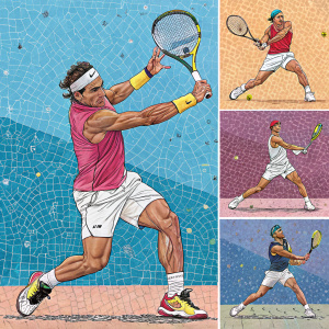 A dynamic mosaic featuring Rafael Nadal in various tennis stances.