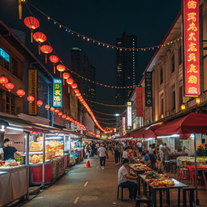 A vibrant night market in Singapore's Chinatown. Neon lights and bustling crowd. Various food stalls and vendors. Lively atmosphere.