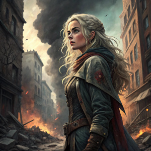 Digital illustration of Ciri. Standing confidently with long wavy blonde hair. Background is a destroyed cityscape with debris and dark smoke. Illustration style is a mix of realism and fantasy with emphasis on bold colors and textures.