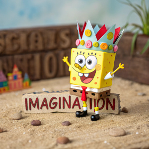 SpongeBob SquarePants in a playful pose, wearing a red tie and a colorful paper crown. Background features the word 'IMAGINATION' on a rustic, earthy surface.
