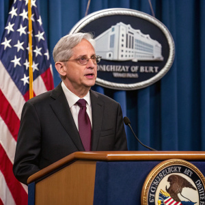 Merrick Garland, U.S. Attorney General, delivering speech at a congressional hearing. Standing behind podium with American flag and Department of Justice emblem behind him. Wearing a dark suit, maroon tie, and glasses. Solid blue curtain background.