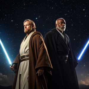 Poster for Star Wars featuring Obi-Wan Kenobi and Mace Windu. Dark space scene with stars. Characters in traditional Jedi robes.