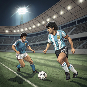 Diego Maradona and Daniel Passarella during a training session. Empty stadium, artificial lighting
