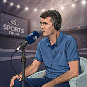 Roy Keane, soccer pundit, wearing casual attire, blue polo shirt. Studio interview setup.