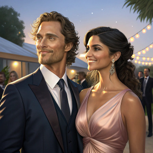 Matthew McConaughey and Camila Alves, dressed in formal attire, posing at an outdoor charity event. Brightly lit, evening setting