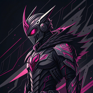 Digital artwork of Kamen Rider Ryuki. Cyberpunk aesthetic, dark hues of black and gray, pink accents. Complex, intricate design with sharp edges and jagged lines, reflecting a futuristic, aggressive vibe. High detail, dynamic pose.