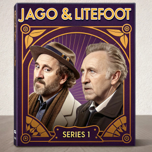 DVD cover for 'Jago & Litefoot: Series 1'. Classic look with vibrant purple and gold. Featuring the creators' names and actors, it pays homage to the retro style of original Doctor Who releases.
