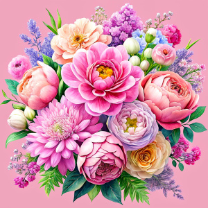 flower arrangement of watercolor image with me pink Peonies , fuchsia daffodil ,pale pink roses ,magenta Damarions,thulian pink Common Crape Myrtle , punch pink Ranunculus viburnum ,salmon pink wax flower ,pink dandelion ,creamy sweet William , misty rose pink yarrow, china rose pink Snowdrop ,taffy pink Watsonia ,coral pink tritoma ,lavender blush viburnum ,french rose pink wax flower , doll pink dandelion ,flamingo pink geranium , baby pink geranium, violets 