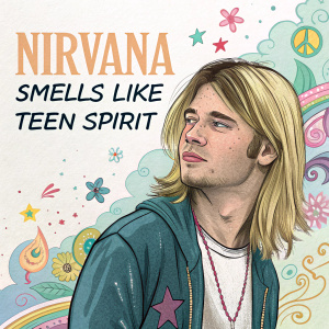 Illustration featuring Kurt Cobain in a vibrant, watercolor and graphic style. Text in English and Spanish: 'Nirvana - Smells Like Teen Spirit'. Fun and creative design for fans.