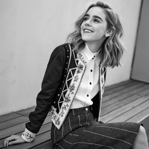Kiernan Shipka in a candid photo shoot. Black and white contrast. Stylish outfit