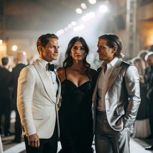 Jonathan Tucker, Tara Ahamed Tucker, and Kevin Zegers at a charity gala. Bright lights and crowd in background