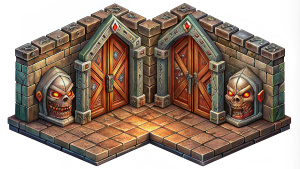 horror dark door in 2d game in isometric view in multiply poses, 100% white background