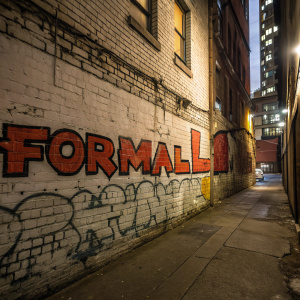 Graffiti-style 'Formalin' painted on a brick wall in an alleyway