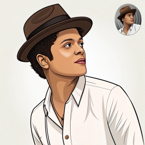 Stylized cartoon depiction of Bruno Mars, male artist of Hispanic ethnicity, dressed in white shirt and brown fedora. Background is simple and uncluttered, with a small inset photo of his face.