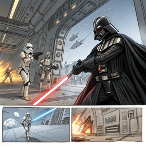 Storyboard sketches featuring Darth Vader from Star Wars Episode II. Futuristic battle scenes, action-packed, digitally illustrated.