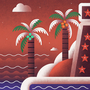Screenshot from Donkey Kong Country Tropical Freeze. Game level: Sea Breeze Cove. Vibrant cartoon tropical island with palm trees and blue ocean waters. Interface includes pause and menu buttons.