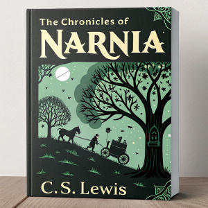 Modern graphic design book cover for 'The Chronicles of Narnia' by C.S. Lewis. Green and black color scheme, playful font, stylized tree and carriage-like structure featured prominently.
