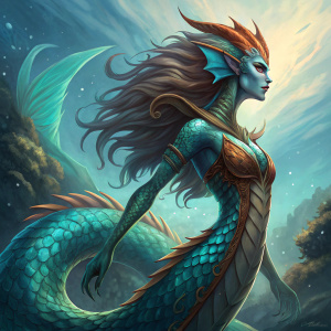 Digital illustration of a fantastical Naga Siren, influenced by Dota 2's art style. It features a bold, vibrant color palette with shades of blue, green, and brown. The creature's intense gaze and elongated, flowing form are captured in a dynamic, casual expression.