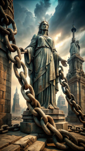 A detailed depiction of the chains and broken shackles at Lady Liberty's feet, symbolizing the breaking away from oppression and the journey towards freedom.