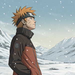 Naruto Uzumaki standing in a snowy landscape, determined expression. Snow-covered mountains in the background, cold wind blowing through his spiky reddish-brown hair.
