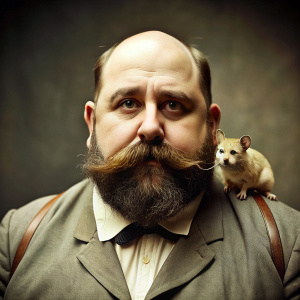 1920 photo, big man antiquarian, mustache and beard, 36 years old, with a small mouse on his shoulder