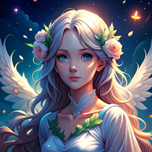 long blond hair angel with green eyes in the sky with flowers