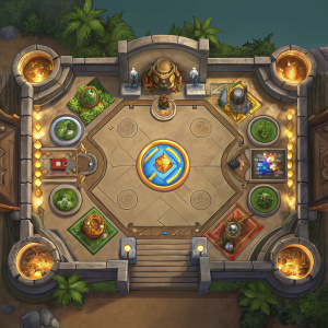 Custom Hearthstone arena designed by Florian Neumann. Unique emblem-like design with in-game objects and characters. Combat area layout clearly visible