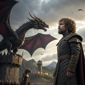 High-definition 3D render of Tyrion Lannister. Elaborate dragon themed event backdrop