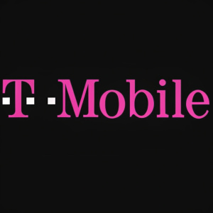 Stylized T-Mobile logo. Bold, sans-serif font. Black background, brand name in vibrant pink
