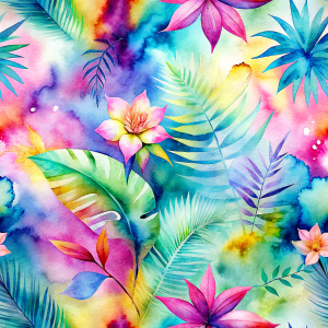 Pattern Seamless, Vintage Old, Soft Colors, abstract Tie Dye, Rainbow, Tropical Flowers Leaves