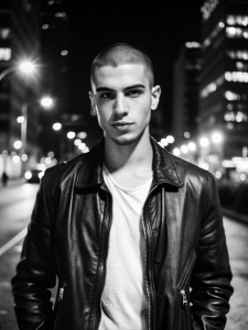 мужчина 25 лет, buzz cut, черные волосы, ночной город, full body