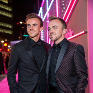 Jamie Gandy and Frankie Muniz at the t-Mobile launch event. Wearing formal attire, against neon light backdrop.