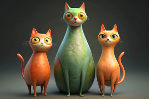 3 stylized cats with elongated bodies and large, expressive eyes, standing in a row. Each owl has a different color and size.
They are artistically represented, with long, thin bodies, and large, round eyes.
One is a larger dark gray with two small gray cats next to it.
Another tall yellow that stands out in the center.
Another smaller orange-red on the right.
Their eyes are disproportionately large compared to their bodies, giving them a cartoonish appearance.
The background is dark and feature