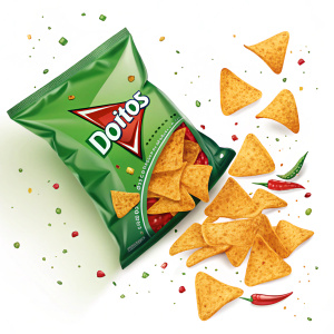 Eye-catching advertisement for Doritos. Crunchy chips spill out of vibrant green bag.