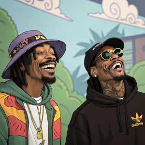 Cartoon depiction of Wiz Khalifa and Snoop Dogg, exaggerated features, smiling widely, standing in front of a colorful, animated backdrop.