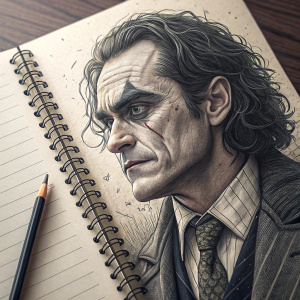 Joaquin Phoenix as Joker, detailed graphite sketch. Notebook page, pencil beside it, intense expression