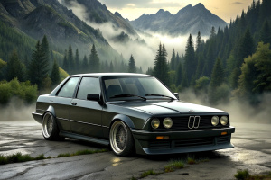 wide body slammed BMW m3 e30 in a foggy black white aesthetic forest cliff side