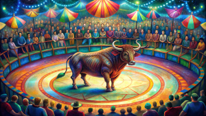 Bull standing in a colorful circus ring, with a crowd of spectators watching in the background.