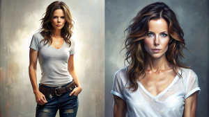 Kate Beckinsale in a t-shirt and jeans, digital painting, artstation, concept art, illustration, by Ross Tran, WLOP

