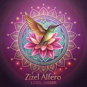 Flor de loto con colibrí dentro de una mándala con el nombre Itzel Alfaro 