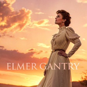 Classic film poster. Elmer Gantry. Jean Simmons in a vintage attire, standing against a backdrop of warm sunset hues.