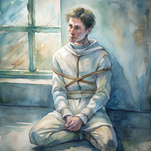 A man in a straitjacket sits in a room