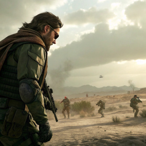 Cover art for Metal Gear Solid 5: Phantom Pain, showcasing the protagonist in a gritty, desert landscape with enemies lurking in the background, ready for Xbox One.