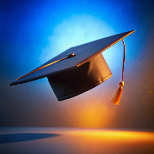 



levitating graduate cap, blue background, orange glow on the side