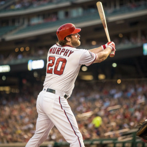 Daniel Murphy, MLB player, intense batting stance. White jersey, 'MURPHY' nameplate, number 20, red helmet, batting against a packed stadium audience.