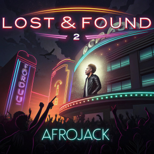 Concert poster for Afrojack's 'Lost & Found 2'. Glowing neon lights illuminate the dark venue. Crowds of excited fans. The title in bold, digital style.
