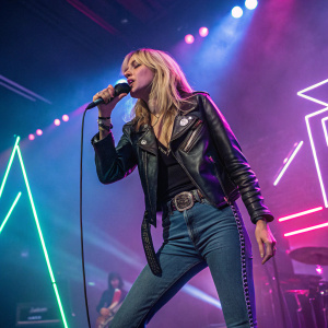 Arrow De Wilde of Starcrawler rocks the stage. She is dressed in a black leather jacket and high-waisted jeans. Neon lights create a vibrant atmosphere.