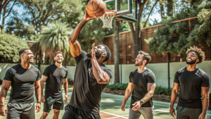 A basketball court... very handsome, tall men wearing black t-shirts are playing basketball with excitement, and a man is throwing the ball into the basket.